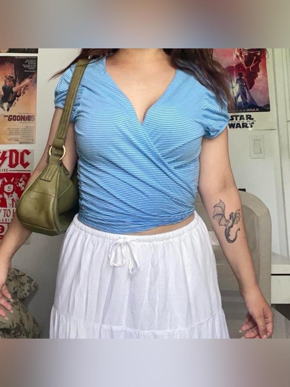 Old Navy Light Blue Striped Wrap Around Tie Top Blouse